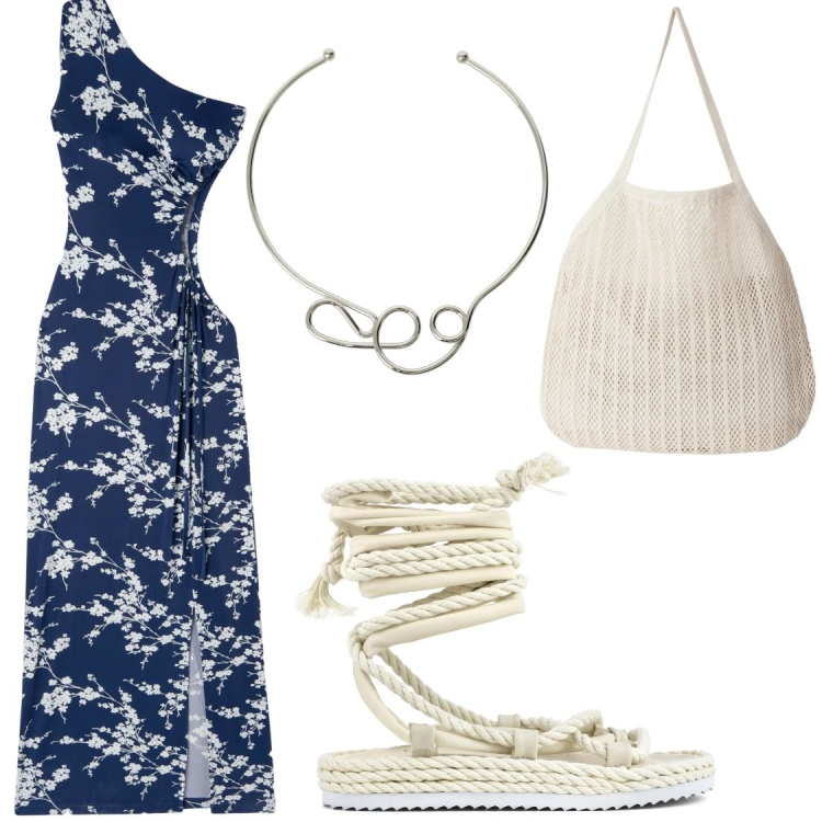 Outfit donna - Musa moderna#serate estive. Stile Chic per Serata fuori. Abbinamento con vestiti asimmetrici, shopping bag, collane, sandali.