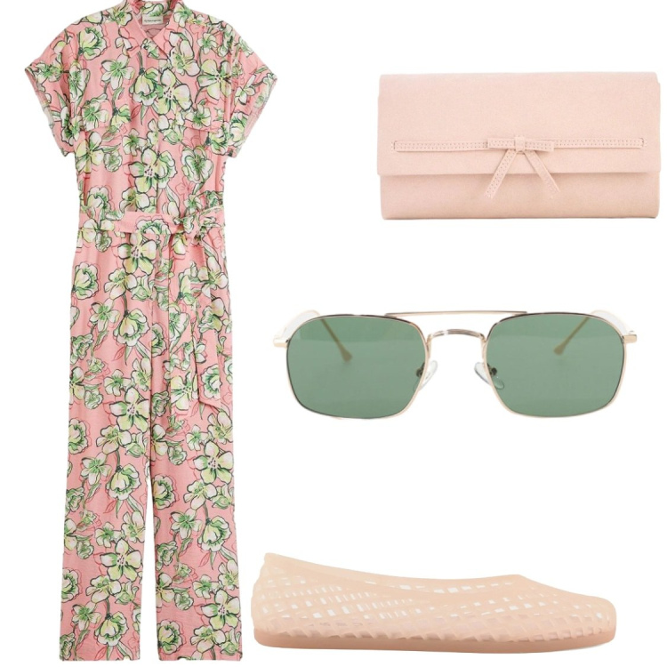 Outfit donna - Garden Jumpsuit. Stile Glamour per Tutti i giorni. Abbinamento con tute, pochette, occhiali da sole, ballerine.