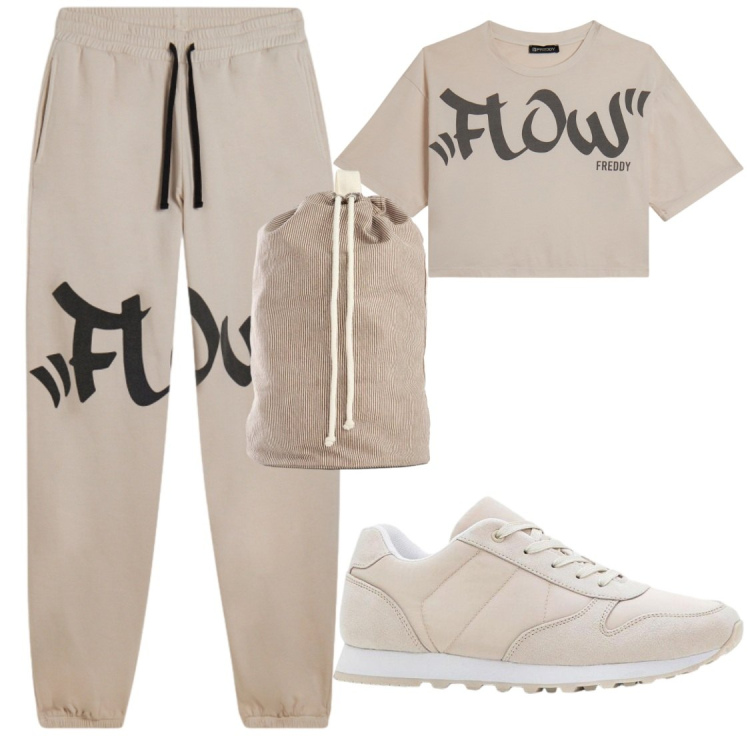 Outfit donna - Tempo libero. Stile Sporty chic per Tutti i giorni. Abbinamento con zaini, sneakers, pantaloni, t-shirt.