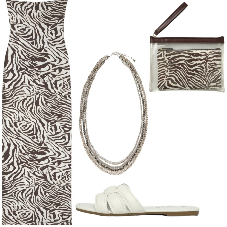 Outfit donna - Animalier style#serate estive. Stile Glamour per Serata fuori. Abbinamento con vestiti lunghi, pochette, ciabatte, collane.