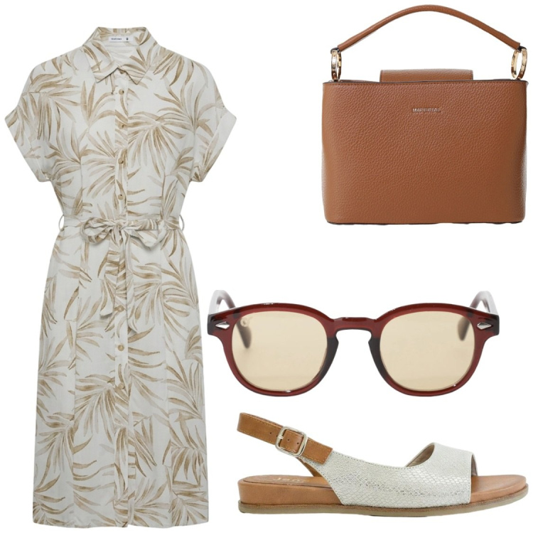 Outfit donna - Comodità #lavoro. Stile Chic per Ufficio. Abbinamento con sandali, vestiti chemisier, occhiali da sole, borse a secchiello.
