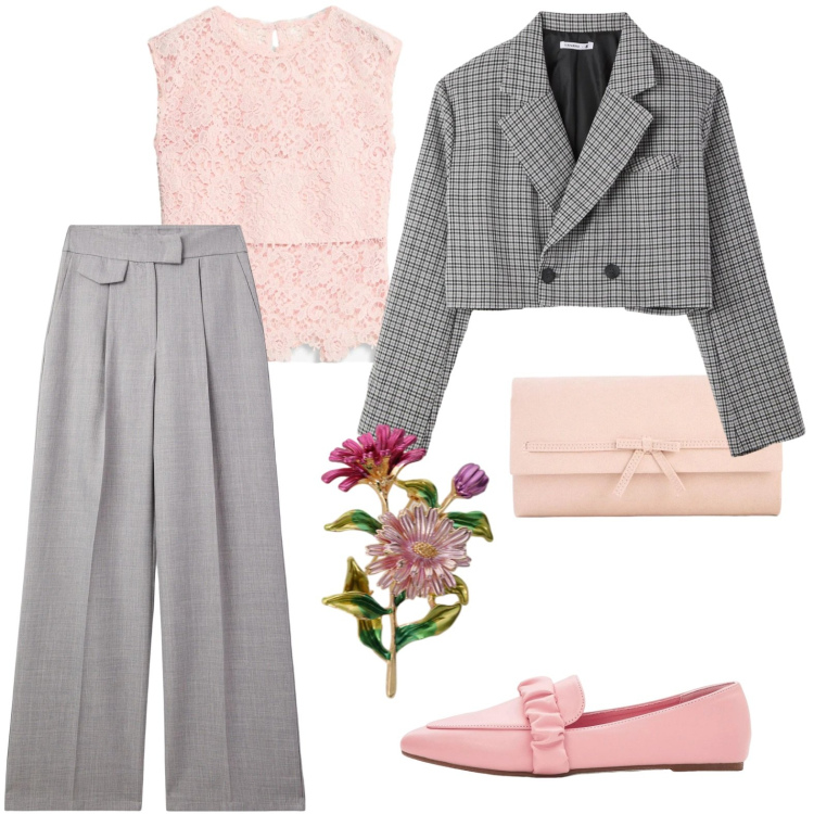 Outfit donna - Grey and pink. Stile Bon Ton per Tutti i giorni. Abbinamento con canottiere, mocassini, pochette, pantaloni, blazer, cappotti.