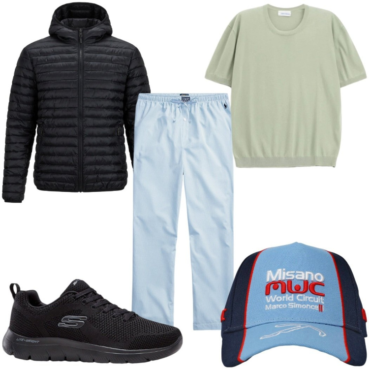 Outfit uomo - Total look #2396200. Stile Casual per Tutti i giorni. Abbinamento con sneakers, cappelli, t-shirt, pantaloni, piumini.