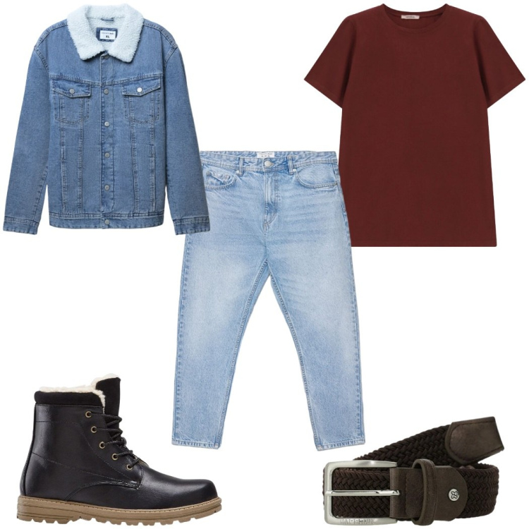 Outfit uomo - Total look #2396201. Stile Casual per Tutti i giorni. Abbinamento con stivali e stivaletti, giacche, jeans, t-shirt, cinture.