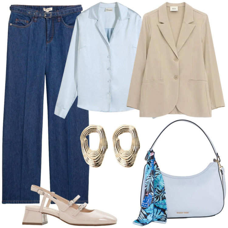 Outfit donna - Raffinata in jeans. Stile Casual chic per Tutti i giorni. Abbinamento con décolleté, camicie, jeans dritti, borse a mano, blazer, orecchini.