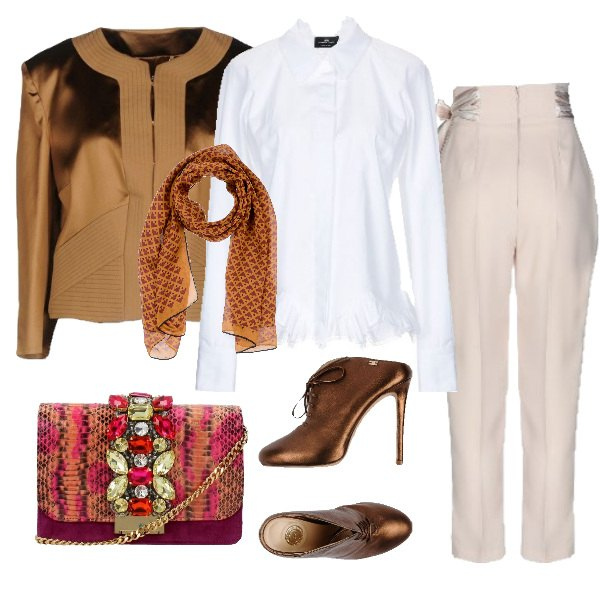 Outfit donna - Carnevale chic. Stile Chic per Serata fuori. Abbinamento con pantaloni, sabot effetto laminato con punta tonda tinta unita, camicia collo classico a maniche lunghe in cotone tinta unita, giacca senza tasche effetto acetato collo tondo interno foderato in raso tinta unita, stola fantasia multicolore chiffon in seta, pochette con strass motivo serpente con perline e tracolla removibile arancione.