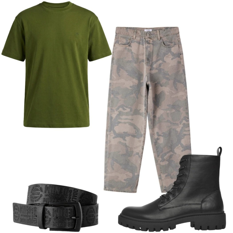 Outfit uomo - Total look #2396248. Stile Trendy per Tutti i giorni. Abbinamento con cinture, anfibi, pantaloni, t-shirt.