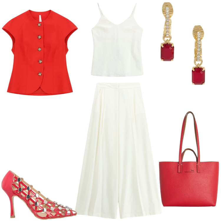 Outfit donna - Serata. Stile Casual chic per Serata fuori. Abbinamento con décolleté, shopping bag, canottiere, pantaloni a palazzo, blazer, orecchini.