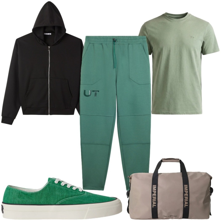 Outfit uomo - Total look #2396258. Stile Trendy per Sport. Abbinamento con felpe con cappuccio, borse sportive, t-shirt, pantaloni, sneakers.