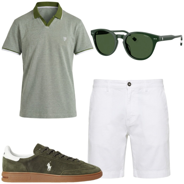 Outfit uomo - #green_vibes #estate_italiana. Stile Trendy per Tutti i giorni. Abbinamento con polo, bermuda, sneakers, occhiali da sole.