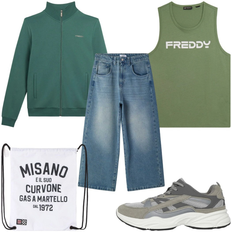 Outfit uomo - Total look #2396261. Stile Trendy per Tutti i giorni. Abbinamento con borse sportive, sneakers, jeans, felpe, canottiere.