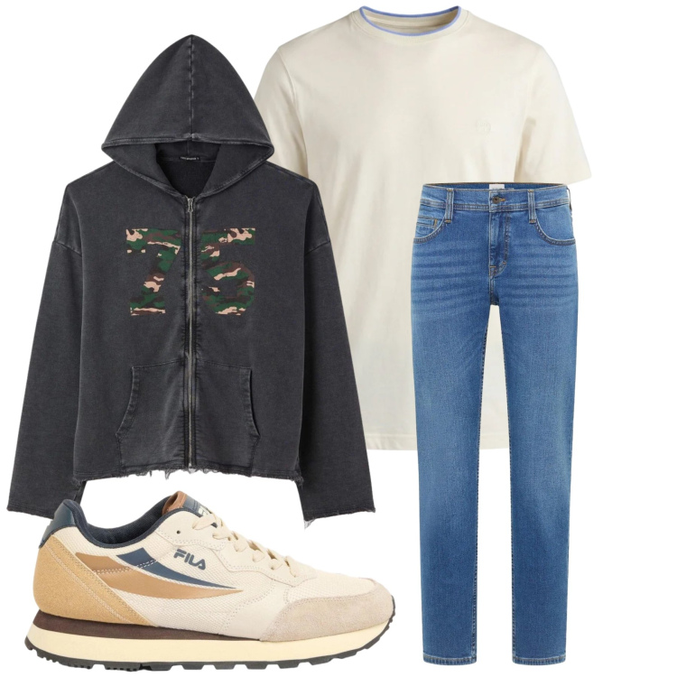 Outfit uomo - Total look #2396266. Stile Urban per Tutti i giorni. Abbinamento con sneakers, jeans bootcut, felpe con cappuccio, t-shirt.