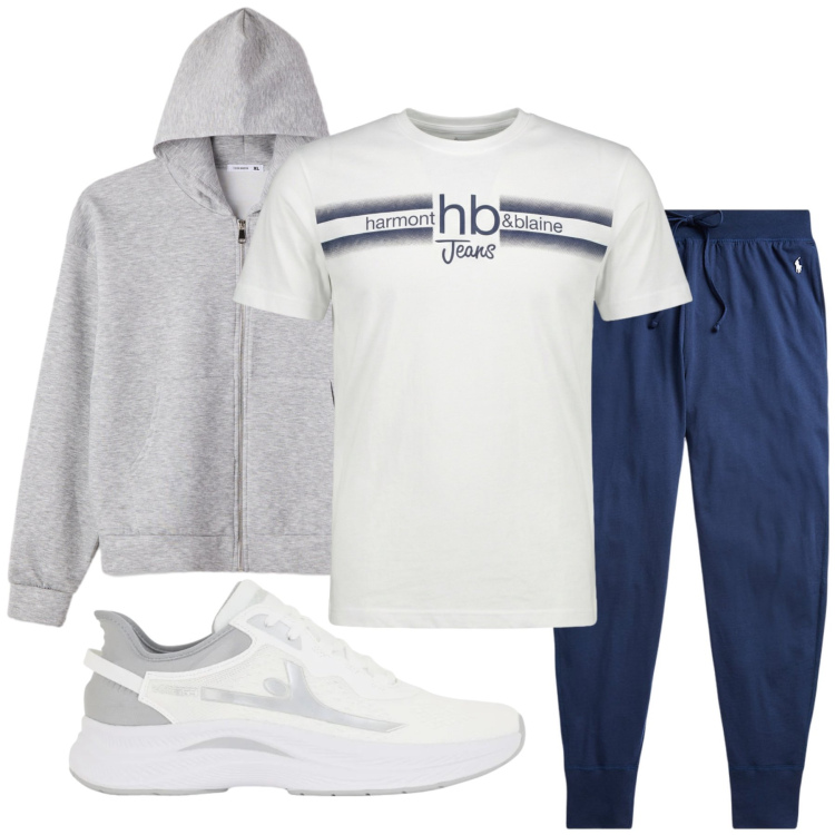Outfit uomo - Total look #2396268. Stile Casual per Sport. Abbinamento con felpe con cappuccio, t-shirt, sneakers, pantaloni.