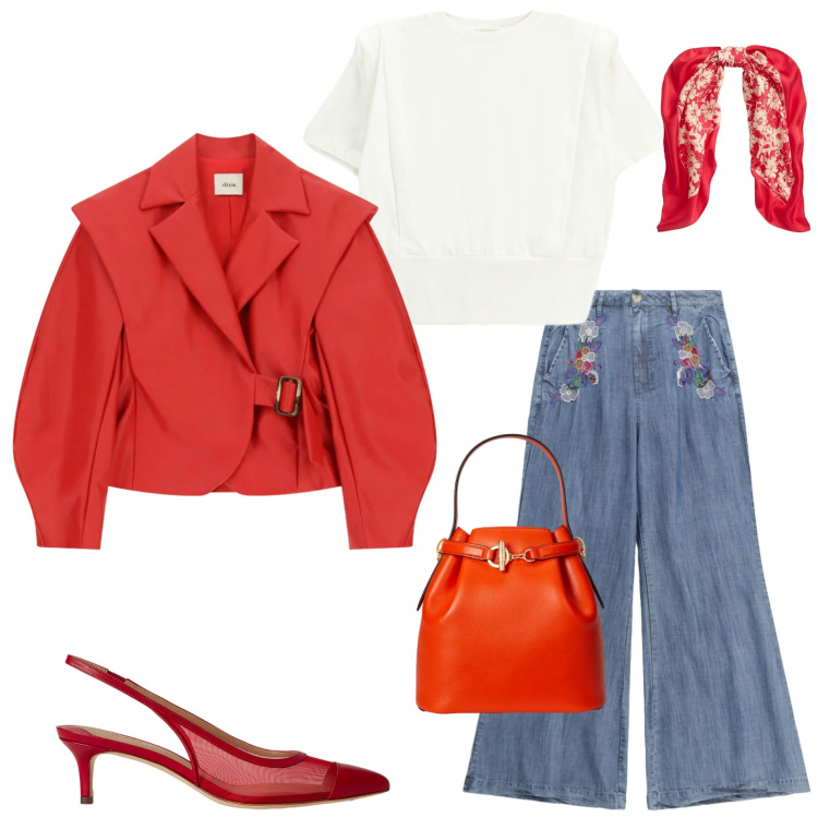 Outfit donna - Un po\' di rosso. Stile Casual chic per Ufficio. Abbinamento con pantaloni a palazzo, blazer, t-shirt, borse a secchiello, décolleté, foulard.