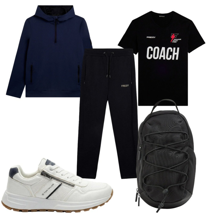 Outfit uomo - Total look #2396271. Stile Trendy per Sport. Abbinamento con sneakers, borse sportive, pantaloni, t-shirt, felpe con cappuccio.