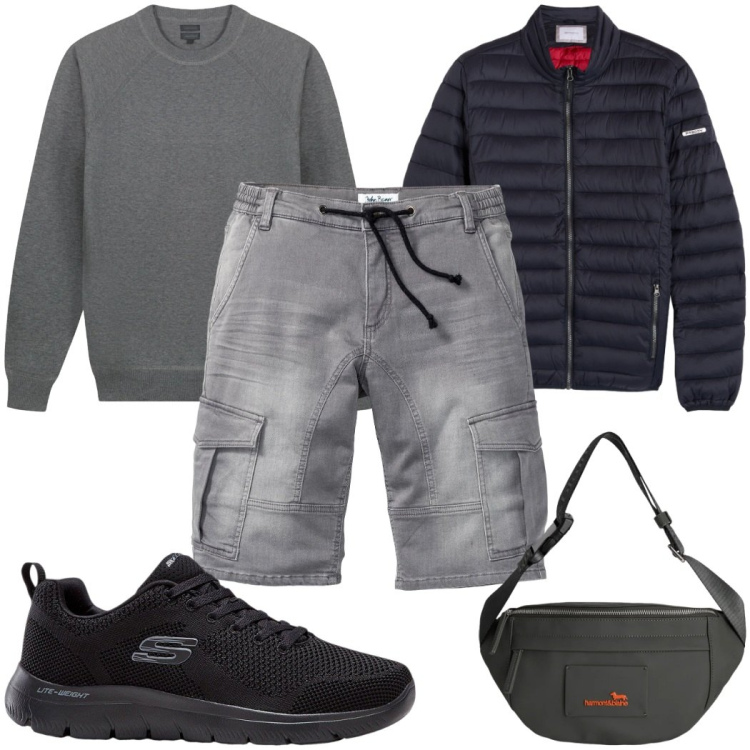 Outfit uomo - Total look #2396272. Stile Casual per Tutti i giorni. Abbinamento con bermuda, sneakers, borse sportive, piumini, maglieria.