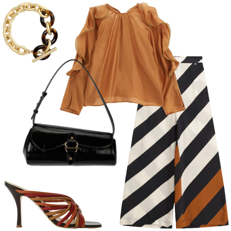 Outfit donna - Serata con amici. Stile Casual chic per Serata fuori. Abbinamento con pantaloni a palazzo, sandali, camicie, borse a spalla, braccialetti.
