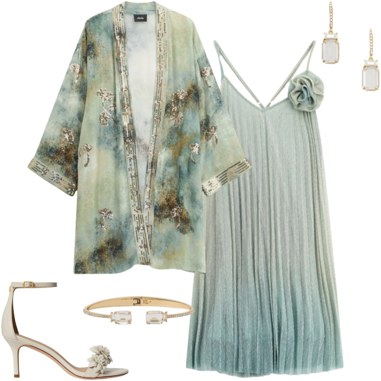 Outfit donna - Matrimonio a maggio. Stile Chic per Cerimonia. Abbinamento con blazer, vestiti corti, orecchini, braccialetti, sandali in pelle.