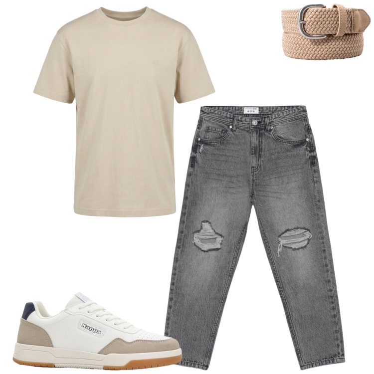 Outfit uomo - Casual style. Stile Casual per Tutti i giorni. Abbinamento con sneakers, jeans strappati, t-shirt, cinture.
