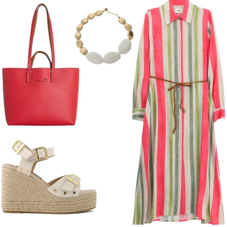 Outfit donna - Zeppe e righe. Stile Etnico per Tutti i giorni. Abbinamento con shopping bag, vestiti lunghi, collane, zeppe.