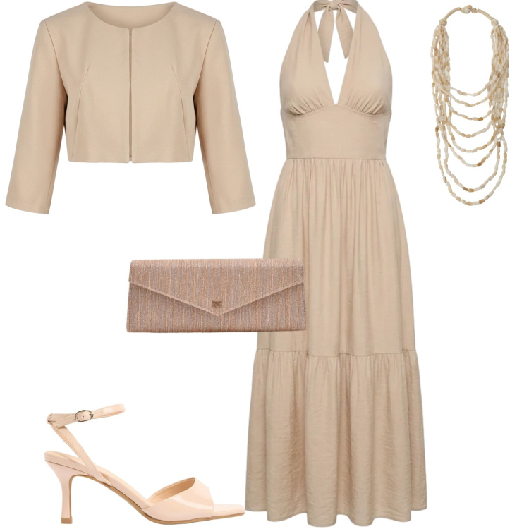 Outfit donna - Cerimonia in campagna. Stile Chic per Cerimonia. Abbinamento con sandali col tacco, vestiti lunghi, collane, bolero, pochette.