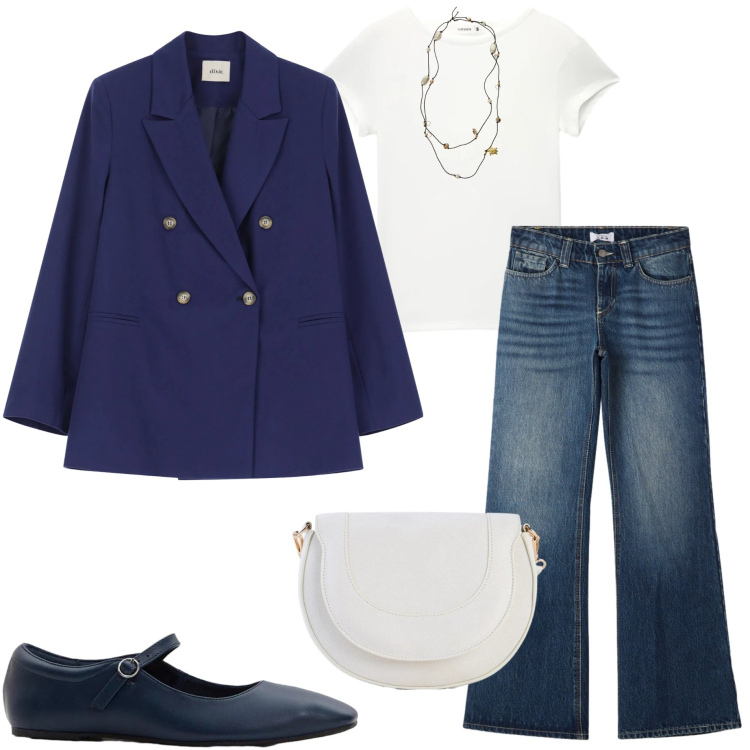 Outfit donna - La giacca passepartout. Stile Casual chic per Ufficio. Abbinamento con ballerine, borse a tracolla, jeans, t-shirt, blazer, collane.