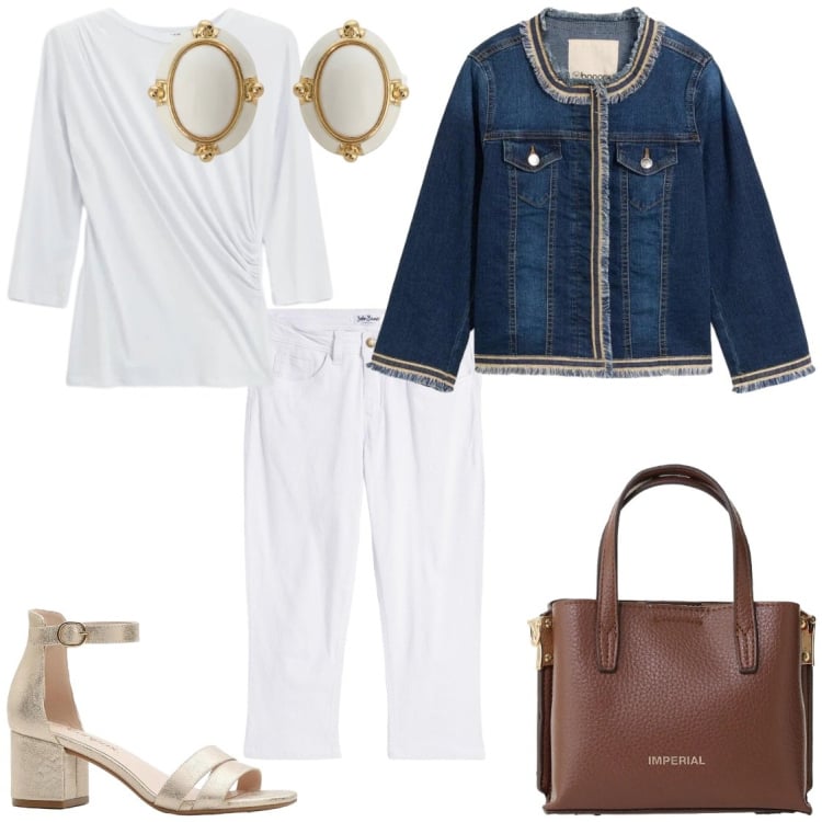 Outfit donna - Bon ton in denim. Stile Bon Ton per Tutti i giorni. Abbinamento con jeans slim fit, sandali col tacco, blazer, top, borse a tracolla, orecchini.