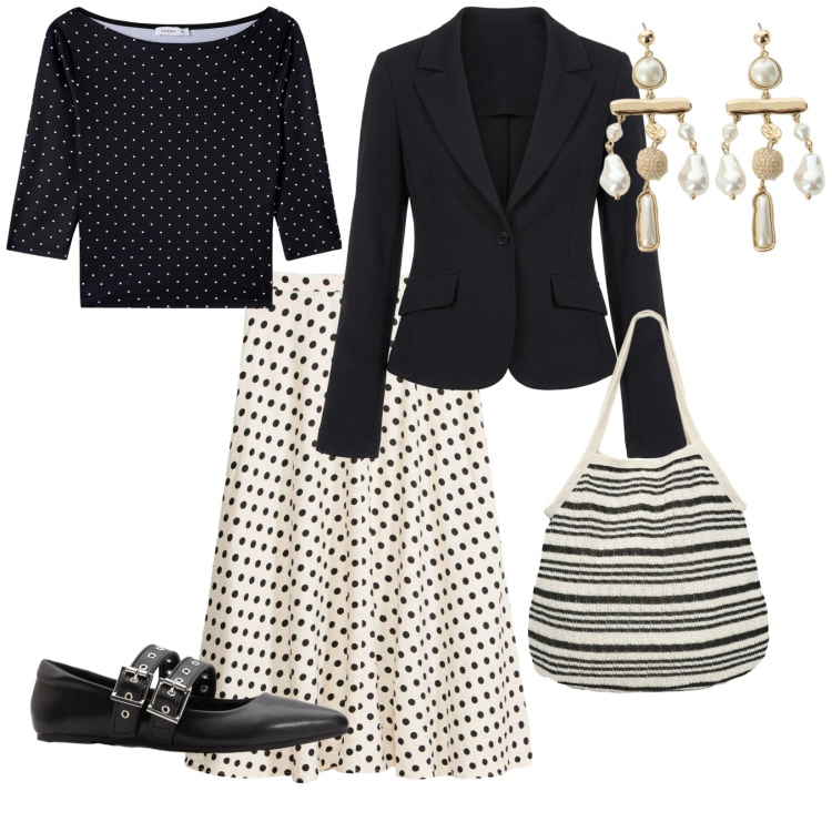 Outfit donna - Pois e righe. per Ufficio. Abbinamento con gonne longuette, ballerine, t-shirt, shopping bag, blazer, orecchini.