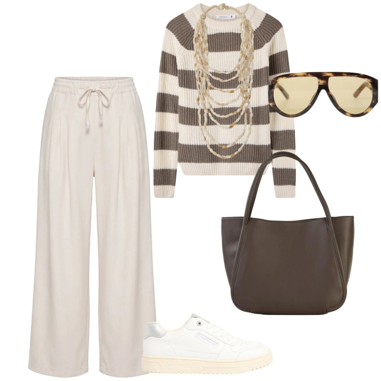 Outfit donna - Everyday. per Tutti i giorni. Abbinamento con sneakers, shopping bag, maglieria, pantaloni, collane, occhiali da sole.
