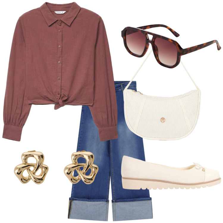 Outfit donna - Total look #2396291. Stile Trendy per Tutti i giorni. Abbinamento con occhiali da sole, ballerine, camicie, jeans dritti, orecchini, borse a mano.