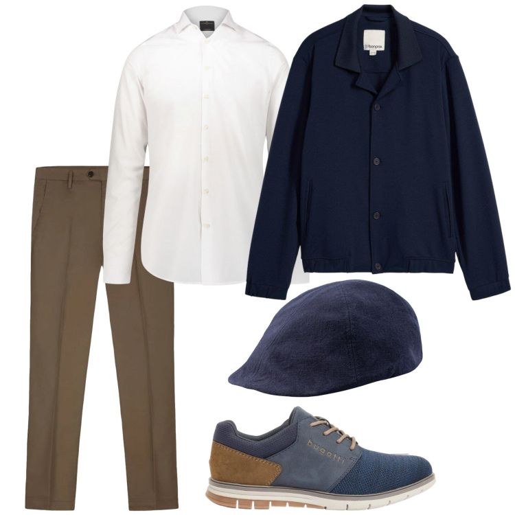 Outfit uomo - Domani sera. Stile Business/Elegante per Serata speciale. Abbinamento con scarpe stringate, bomber, camicie, pantaloni, cappelli con visiera.