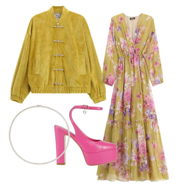 Outfit donna - Total look #2396299. Stile Glamour per Cerimonia. Abbinamento con décolleté, vestiti lunghi, bomber, collane.