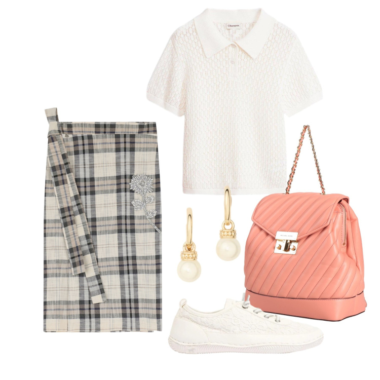 Outfit donna - Maggio. Stile Casual chic per Tutti i giorni. Abbinamento con zaini, polo, sneakers, gonne longuette, orecchini.