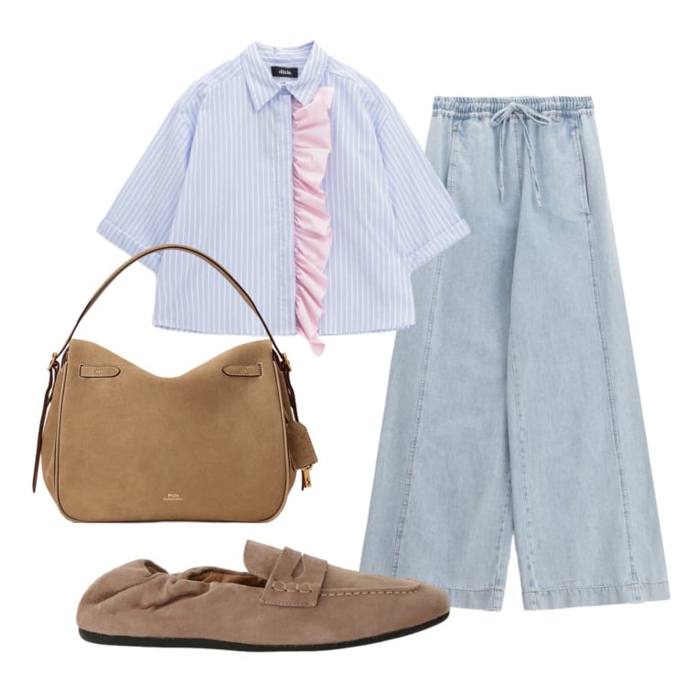 Outfit donna - Total look #2396302. Stile Mannish per Ufficio. Abbinamento con jeans, mocassini, camicie a manica corta, borse a mano.