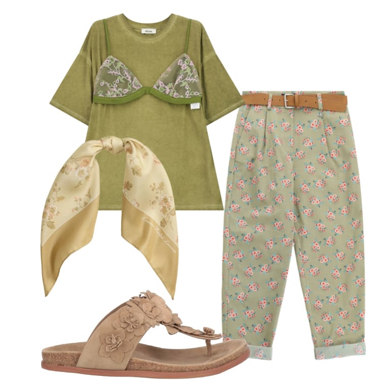 Outfit donna - Total look #2396303. Stile Casual per Tutti i giorni. Abbinamento con infradito, pantaloni chino, t-shirt, foulard.