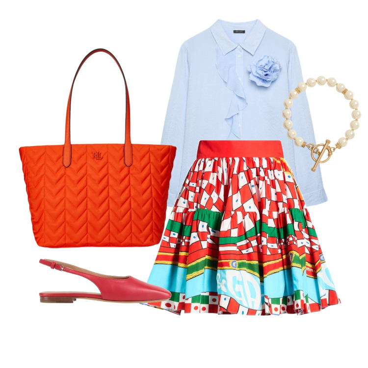 Outfit donna - Maggio. Stile Bon Ton per Tutti i giorni. Abbinamento con minigonne, ballerine, camicie, borse tote, collane.
