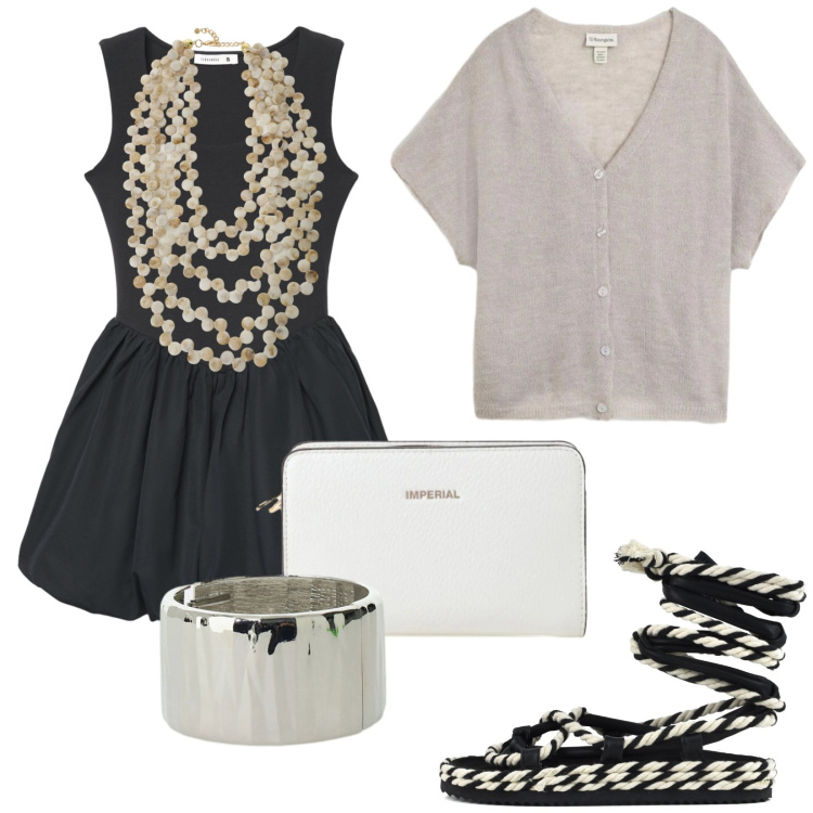 Outfit donna - Total look #2396305. Stile Trendy per Tutti i giorni. Abbinamento con cardigans, vestiti corti, collane, borse a tracolla, braccialetti, sandali.