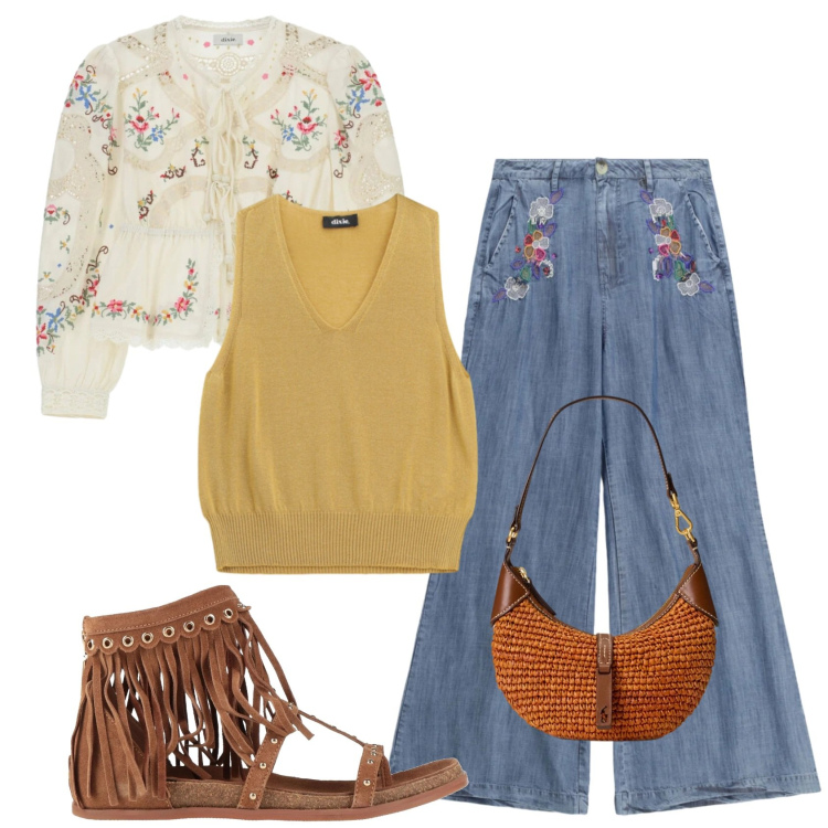 Outfit donna - Total look #2396306. Stile Boho per Tutti i giorni. Abbinamento con infradito, cappotti, pantaloni a palazzo, top, borse a spalla.