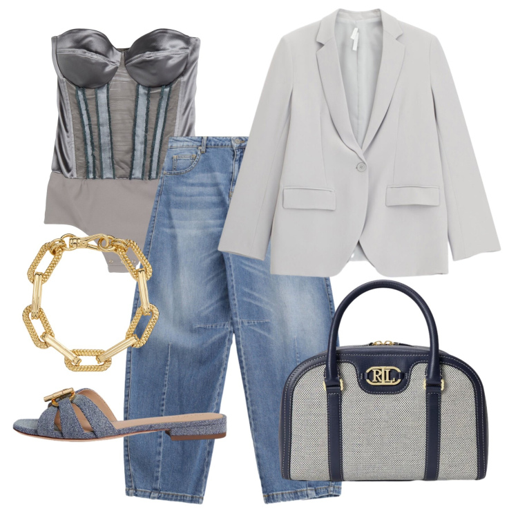 Outfit donna - Maggio. Stile Casual chic per Tutti i giorni. Abbinamento con body, blazer, jeans, braccialetti, borse a mano, ciabatte.