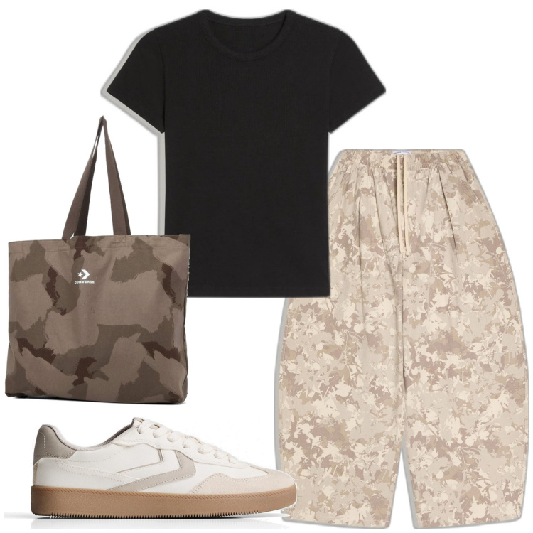 Outfit mujer - Casual. Estilo Casual para Todos los días. Combinación con sneakers, camiseta, bolso tote, pantalones.