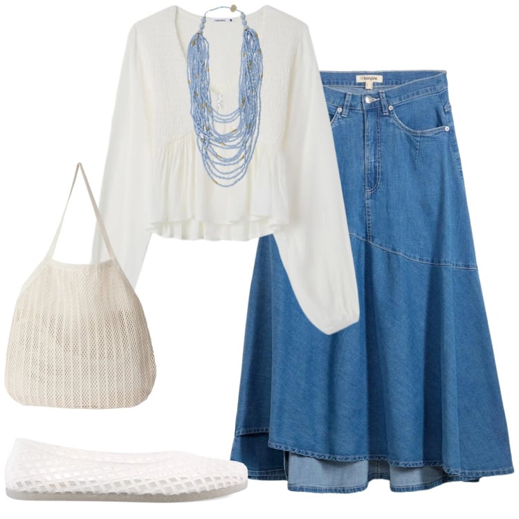 Outfit donna - Denim Breeze Chic. Stile Casual chic per Tutti i giorni. Abbinamento con gonne longuette, bluse, shopping bag, cappelli, collane, ballerine.