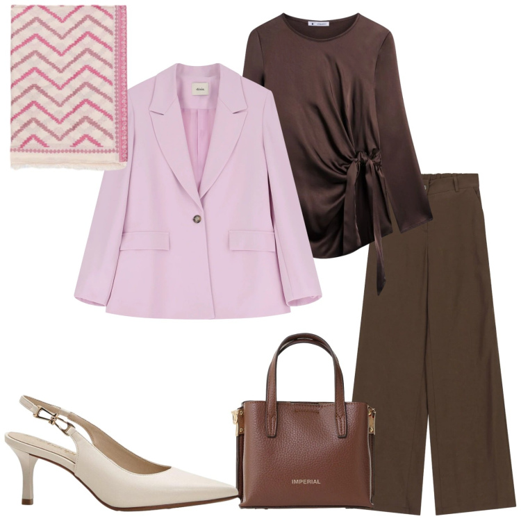 Outfit donna - Total look #2396318. Stile Chic per Ufficio. Abbinamento con décolleté, bluse, borse a tracolla, blazer, pantaloni, foulard.