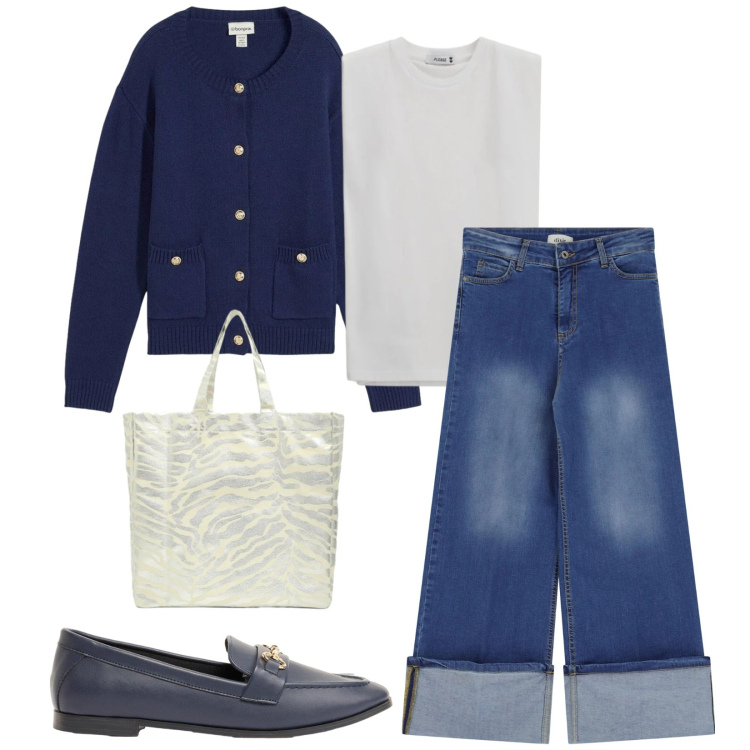 Outfit donna - Total look #2396320. Stile Casual chic per Tutti i giorni. Abbinamento con cardigans, mocassini, shopping bag, top, jeans dritti.