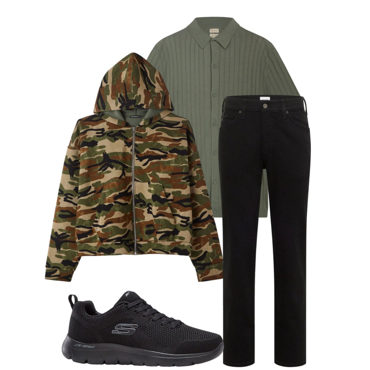 Outfit uomo - Total look #2396324. Stile Urban per Tutti i giorni. Abbinamento con sneakers, jeans dritti, felpe con cappuccio, polo.
