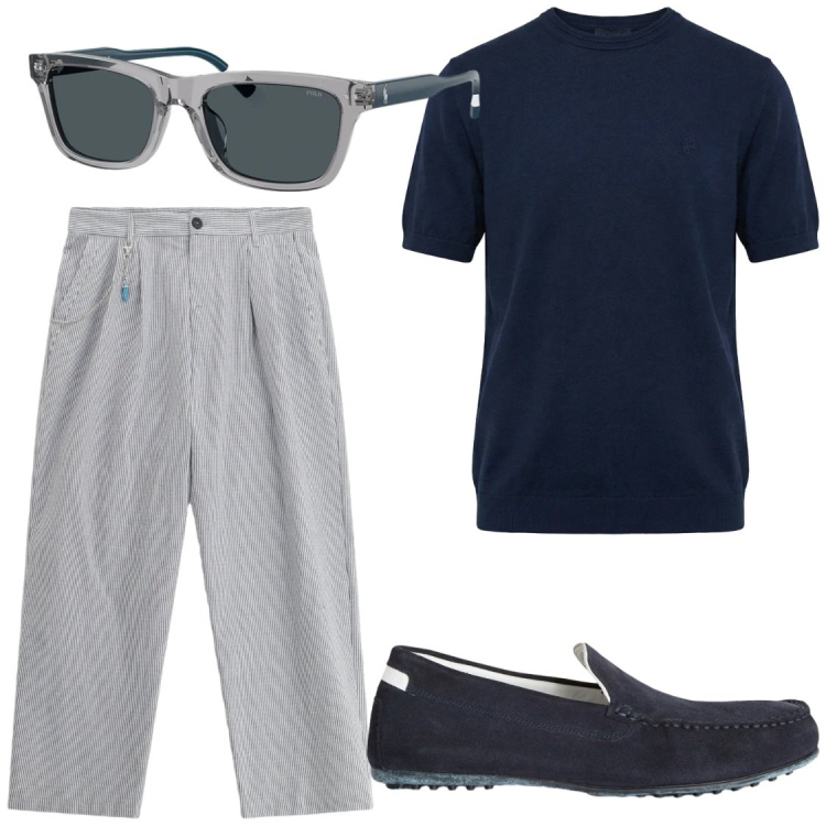 Outfit uomo - Business Casual#relax a lavoro. Stile Trendy per Tutti i giorni. Abbinamento con pantaloni, scarpe stringate, t-shirt, occhiali da sole.