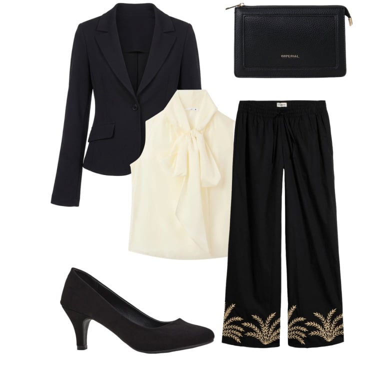 Outfit donna - Total look #2396326. Stile Chic per Serata fuori. Abbinamento con pantaloni a palazzo, décolleté, bluse, borse a tracolla, blazer.