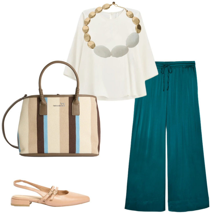 Outfit donna - Total look #2396327. Stile Casual chic per Tutti i giorni. Abbinamento con ballerine, shopping bag, top, collane, pantaloni.