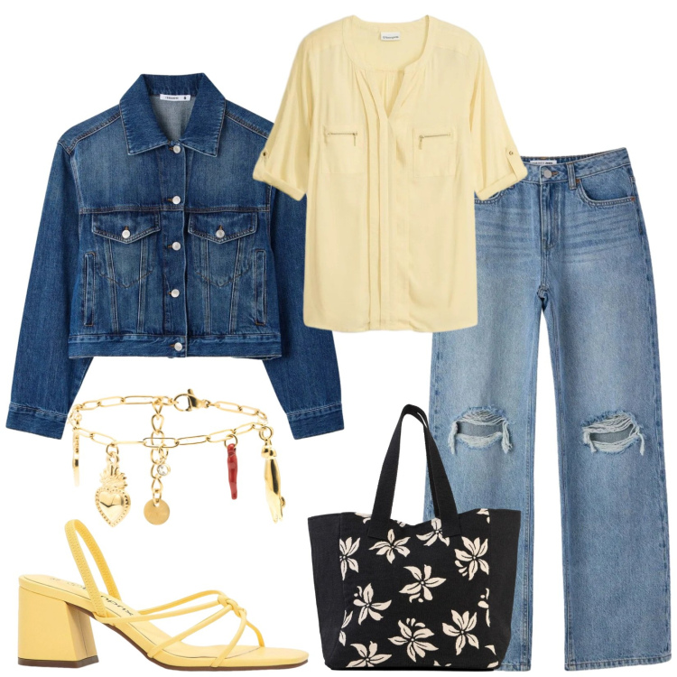 Outfit donna - Total look #2396328. Stile Casual chic per Tutti i giorni. Abbinamento con shopping bag, bluse, sandali col tacco, jeans strappati, cappotti, braccialetti.
