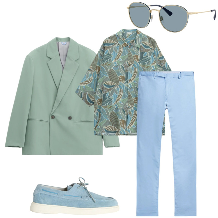 Outfit uomo - Total look #2396332. Stile Trendy per Ufficio. Abbinamento con giacche, camicie a manica corta, scarpe stringate, pantaloni, occhiali da sole.