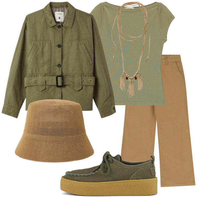 Outfit donna - Safari. Stile Etnico per Tutti i giorni. Abbinamento con cappotti, cappelli, jeans, collane, top, scarpe sportive.